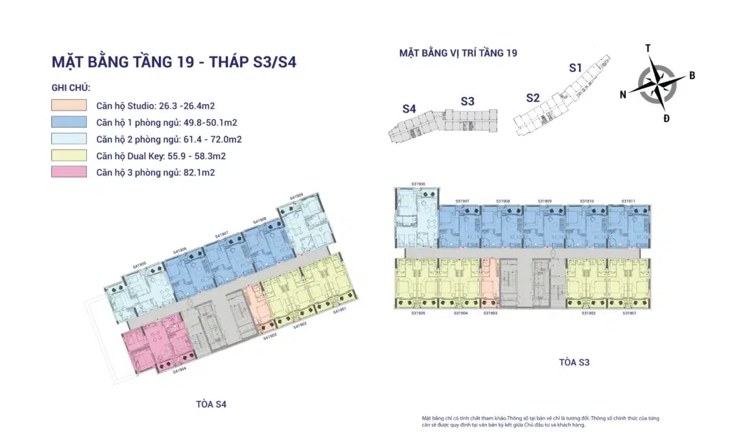 Mặt bằng tầng 19 S3 và S4, căn S41904 màu hồng tại tháp S4