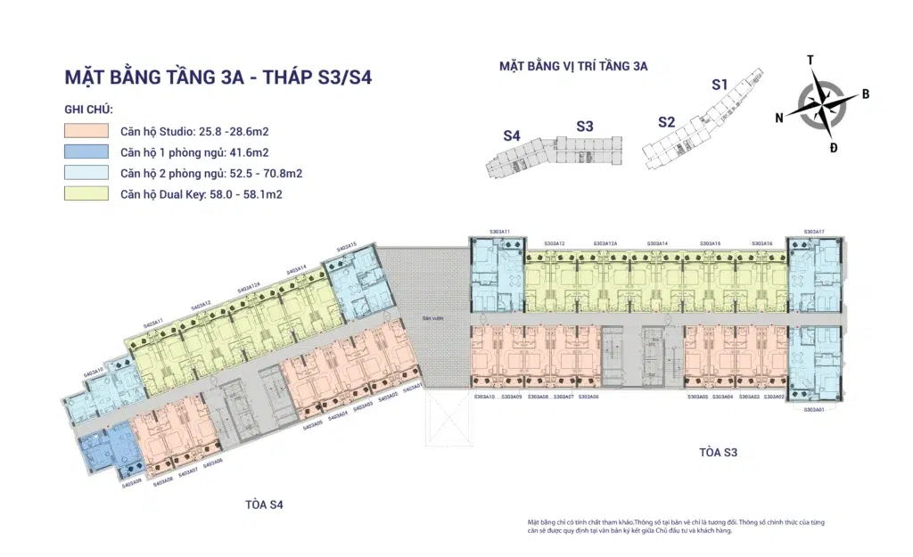 Mặt bằng Hillside tầng 3A tòa S3–S4, gồm mã căn và chú giải loại căn
