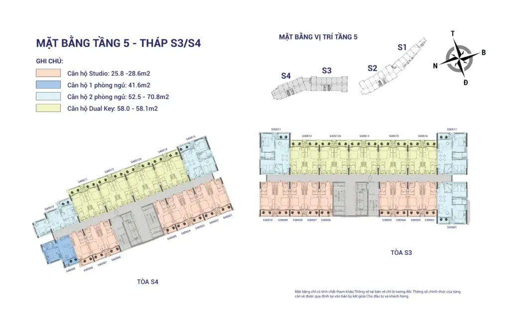 Mặt bằng Hillside tầng 5 tòa S3–S4, gồm mã căn và chú giải loại căn