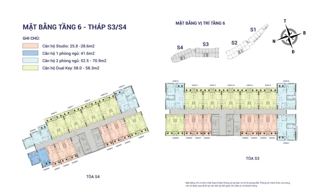 Mặt bằng Hillside tầng 6 tòa S3–S4, gồm mã căn và chú giải loại căn