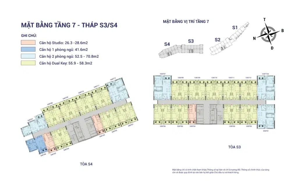 Mặt bằng Hillside tầng 7 tòa S3–S4, gồm mã căn và chú giải loại căn