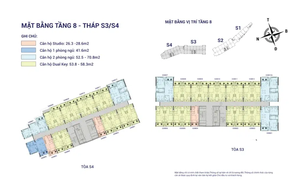Mặt bằng Hillside tầng 8 tòa S3–S4, gồm mã căn và chú giải loại căn