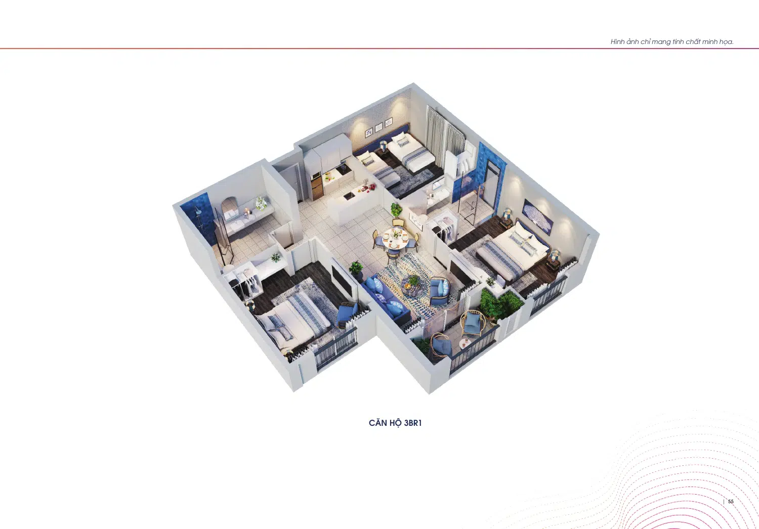 Layout Hillside mẫu 3BR1 của The Hill và The Sea Căn hộ 3 phòng ngủ Hillside: mặt bằng và cách sử dụng phòng riêng