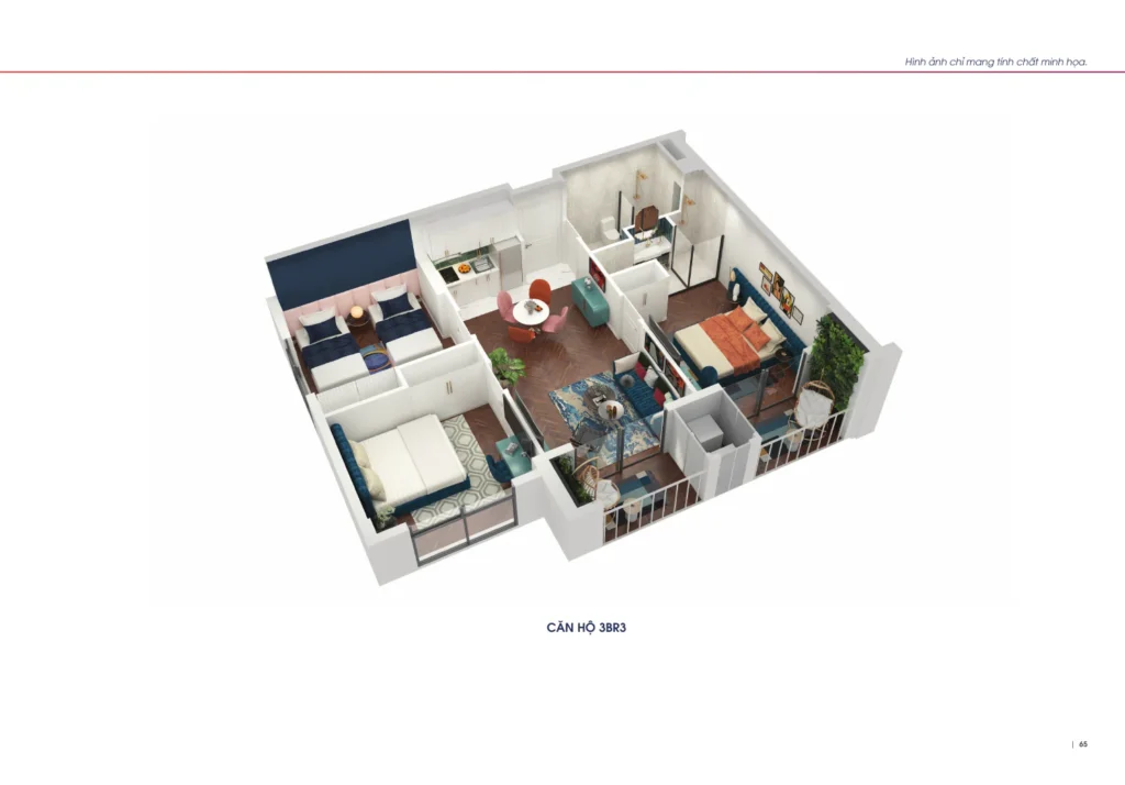 Phối cảnh mẫu ba phòng ngủ 3BR3 The Sky với khu khách và bếp ở giữa
