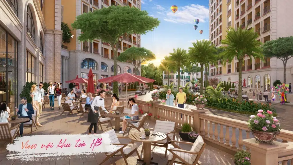 Phối cảnh nội khu H3 với ô cửa vòm ở khối đế, khung sáng màu và hàng ban công phía trên
