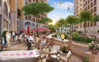 Phối cảnh nội khu H3 với ô cửa vòm ở khối đế, khung sáng màu và hàng ban công phía trên