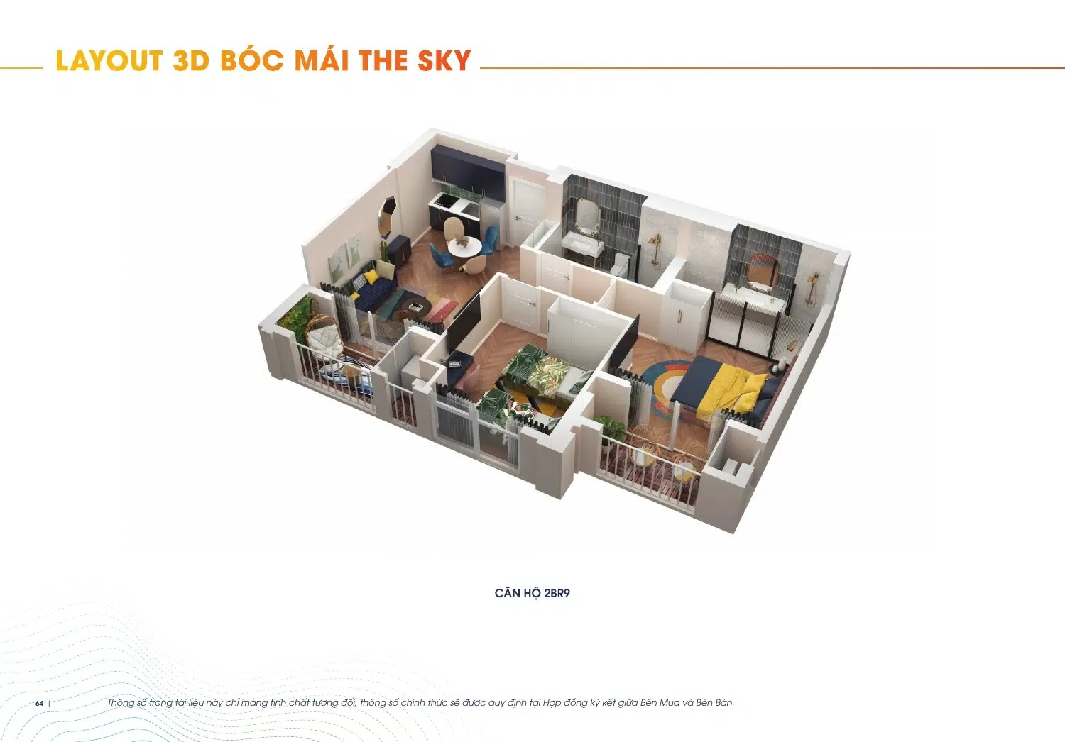 Phối cảnh căn hai phòng ngủ mẫu 2BR9 The Sky Hillside Căn hộ 2 phòng ngủ Hillside: mặt bằng và không gian cho gia đình