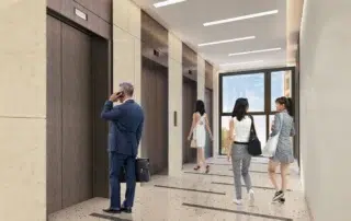 Phối cảnh sảnh thang máy The Sky với mảng tường màu kem, cửa thang nâu và cửa kính cuối sảnh