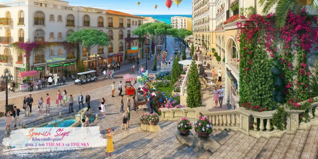 Phối cảnh Spanish Steps tại Hillside với bậc cấp nối sân cao, bồn cây và tuyến phố bên dưới