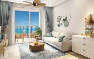 Không gian phòng khách với sofa, bàn trà và cửa mở ra ban công trong hình giới thiệu căn hộ Hillside