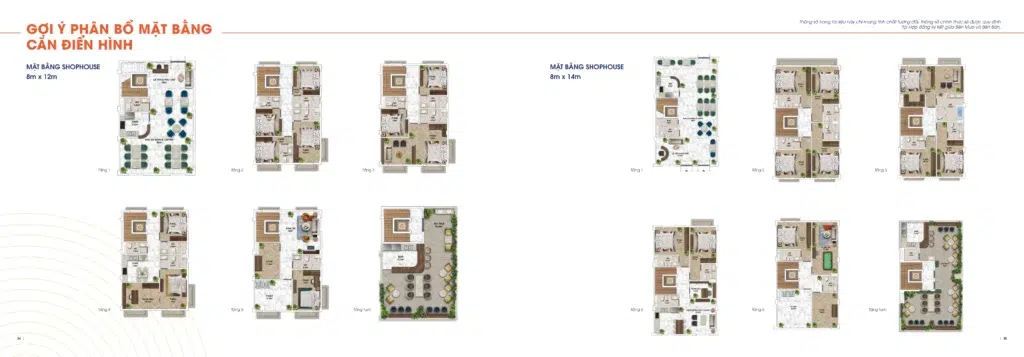 Gợi ý phân bổ các tầng shophouse The Center loại 8 × 12 m và 8 × 14 m