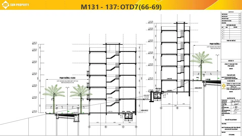 Mặt cắt nhóm Milan 131–137 tại The Center với sân sau và cầu thang