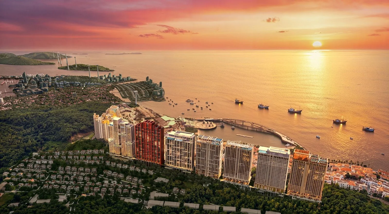 Phối cảnh khu cao tầng bên Núi Ông Quán nhìn về Cầu Hôn tại Sunset Town