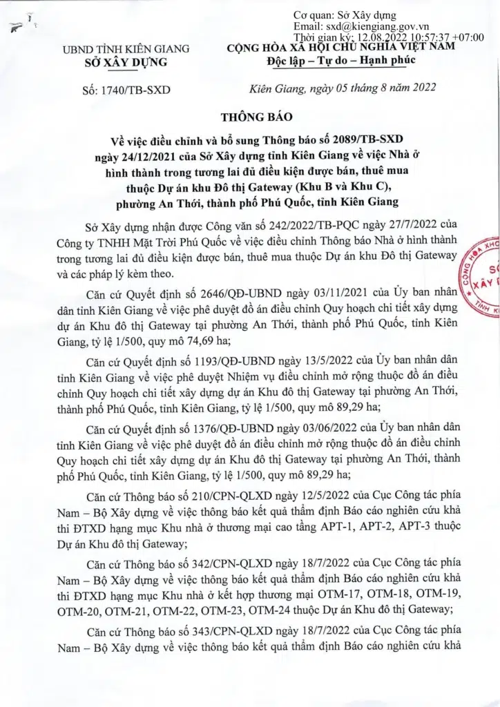 Trang đầu Thông báo 1740, phần viện dẫn các quyết định quy hoạch Gateway năm 2021 và 2022